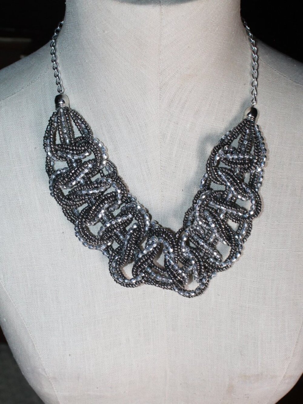 Silver Black Woven Seed Bead 20" Statement Necklace